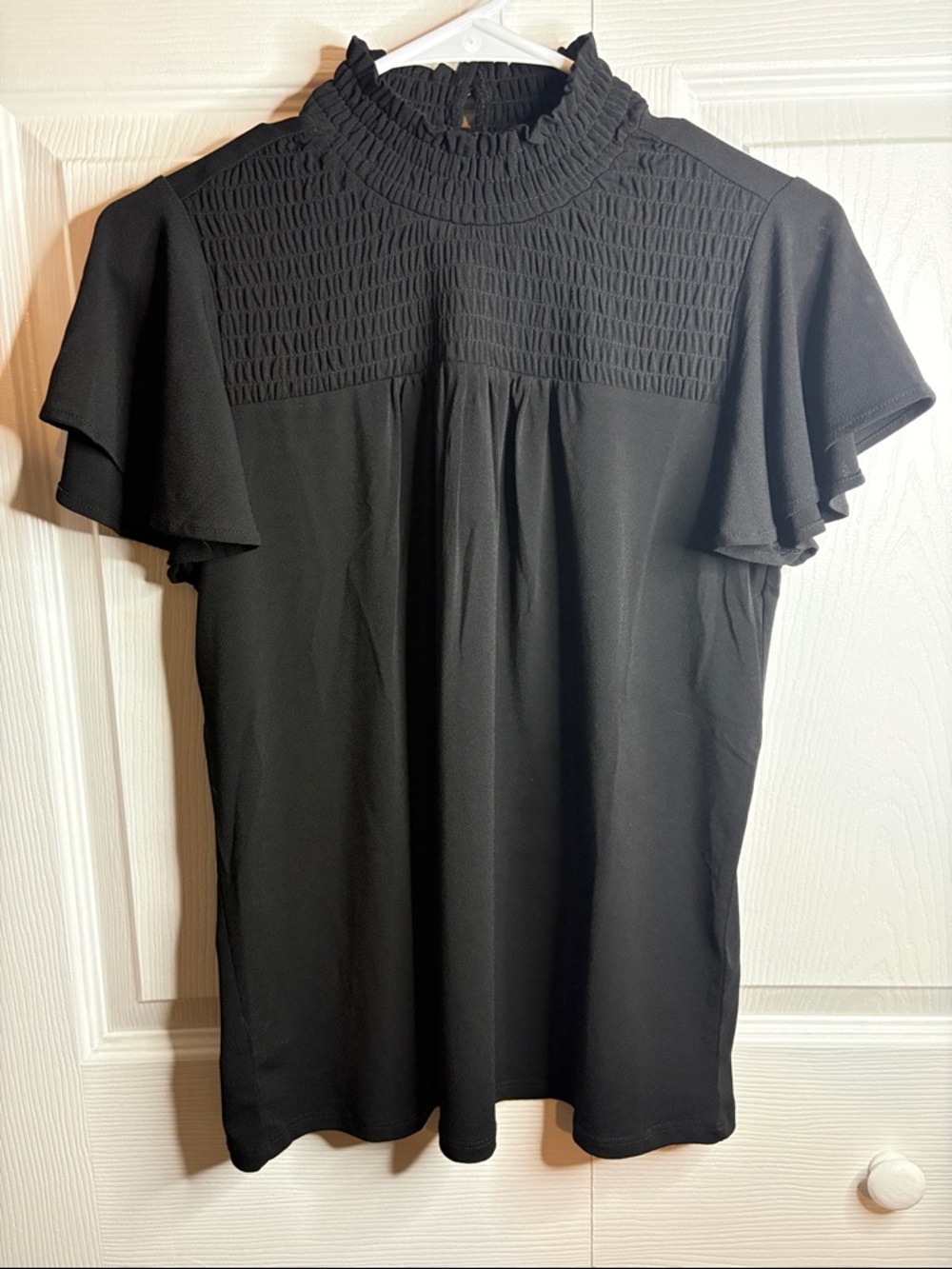 Adrianna Papell Black Smocked High-Neck Flutter Sleeve Blouse